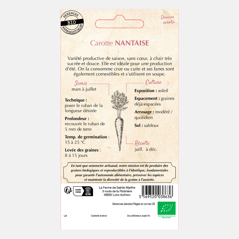 Ruban de semences de carotte 'Nantes' BIO