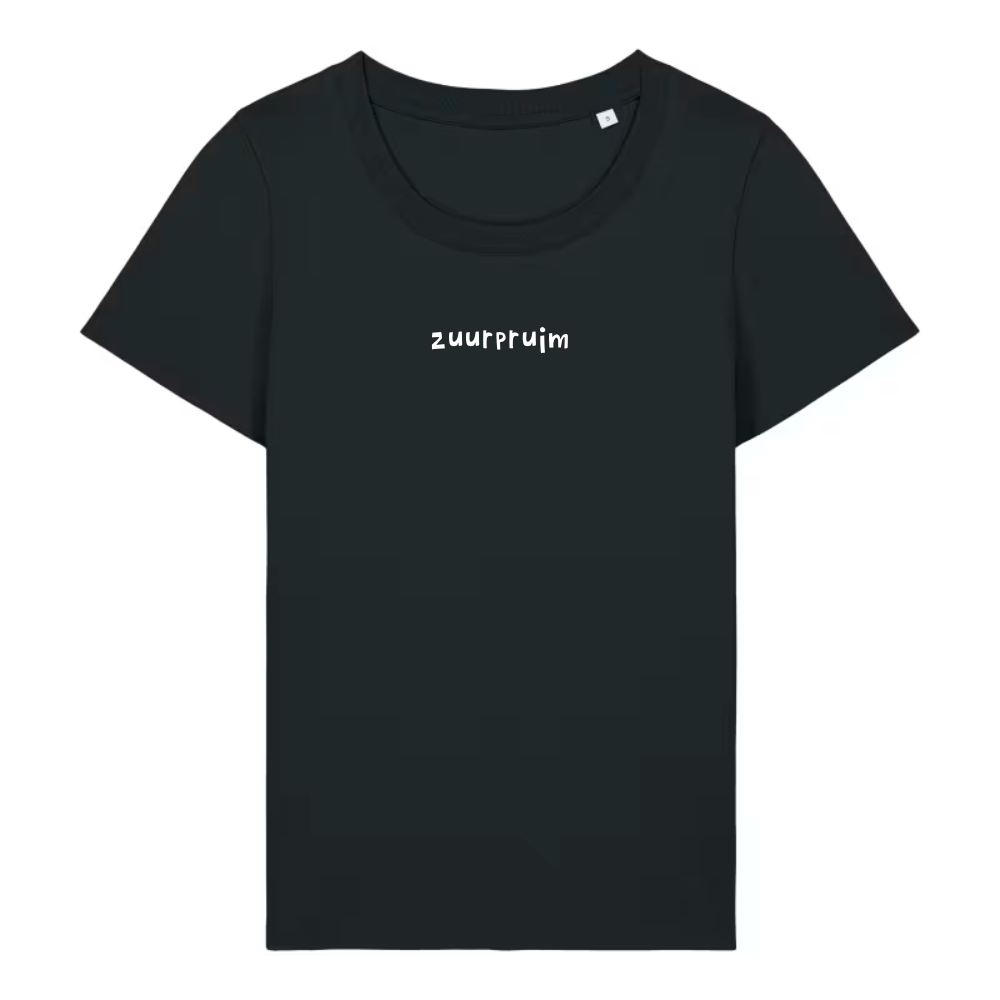 Dames t-shirt 'zuurpruim' geborduurd