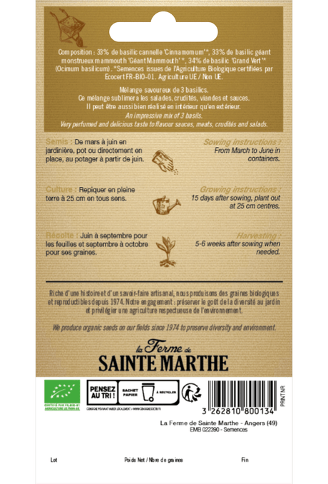 Mélange de basilic (cannelle, à grandes feuilles et génois) graines BIO