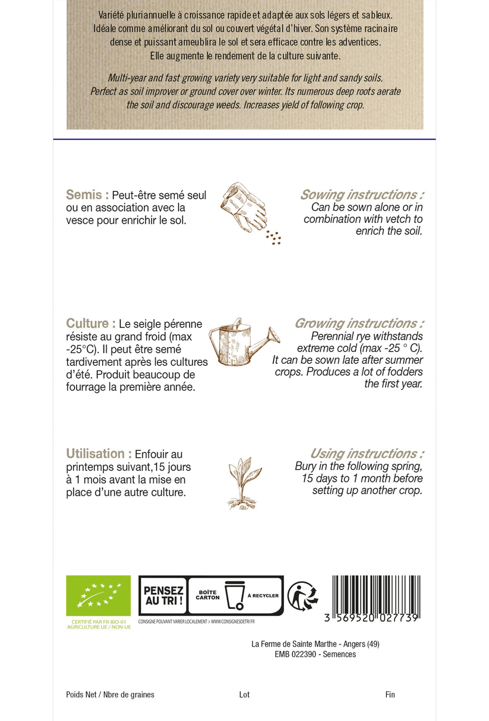 Rogge doorlevend - voor 20 m² BIO Zaden